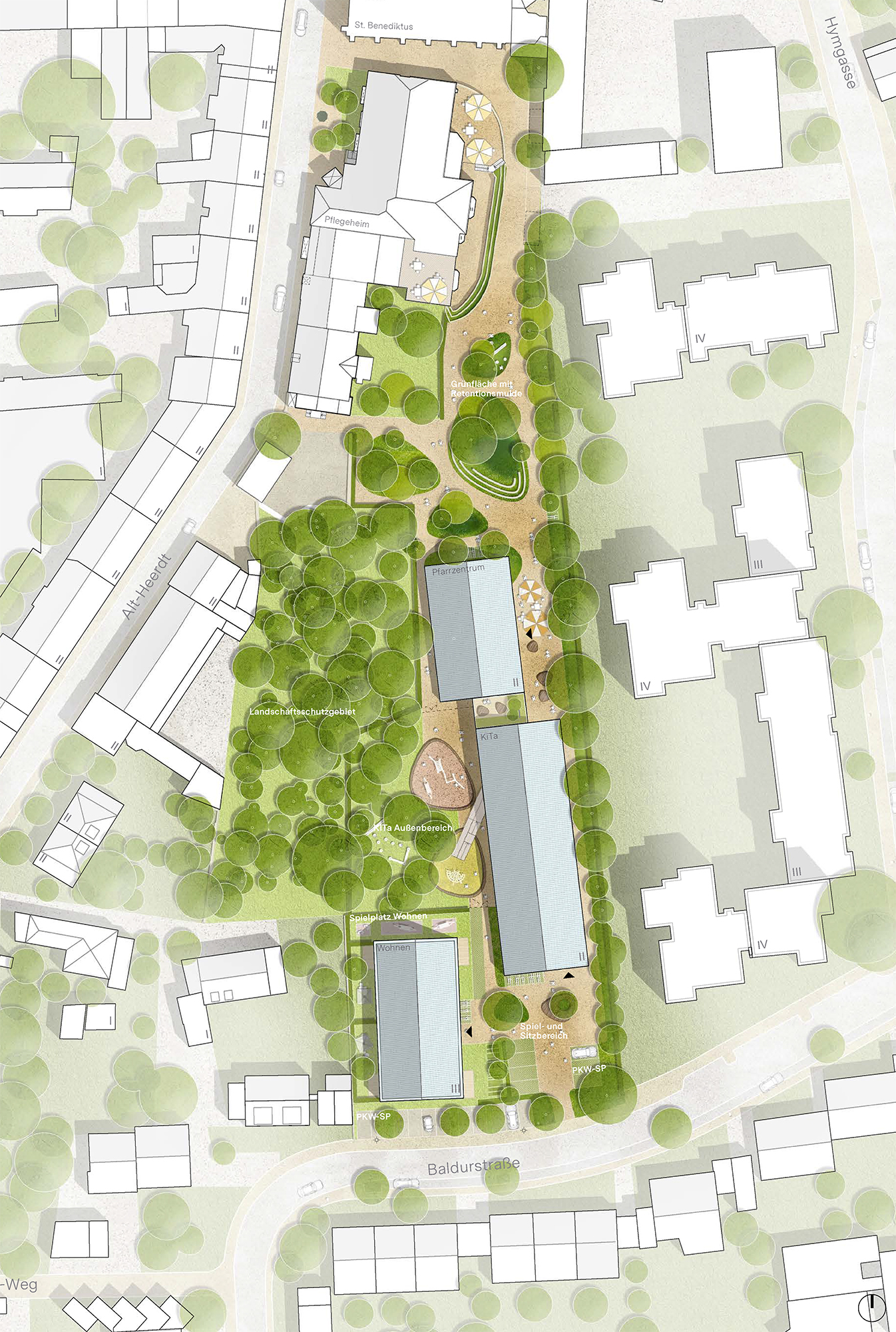 Quartiersentwicklung mit Kindertagesstätte, Pfarrzentrum und Wohnen St. Benediktus, Düsseldorf-Heerdt
