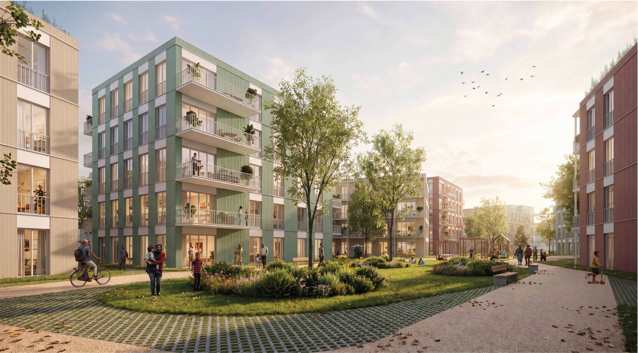 Blick aus der Quartiersmitte Städtebauliches Qualifizierungsverfahren Feldgärten Köln © caspar.